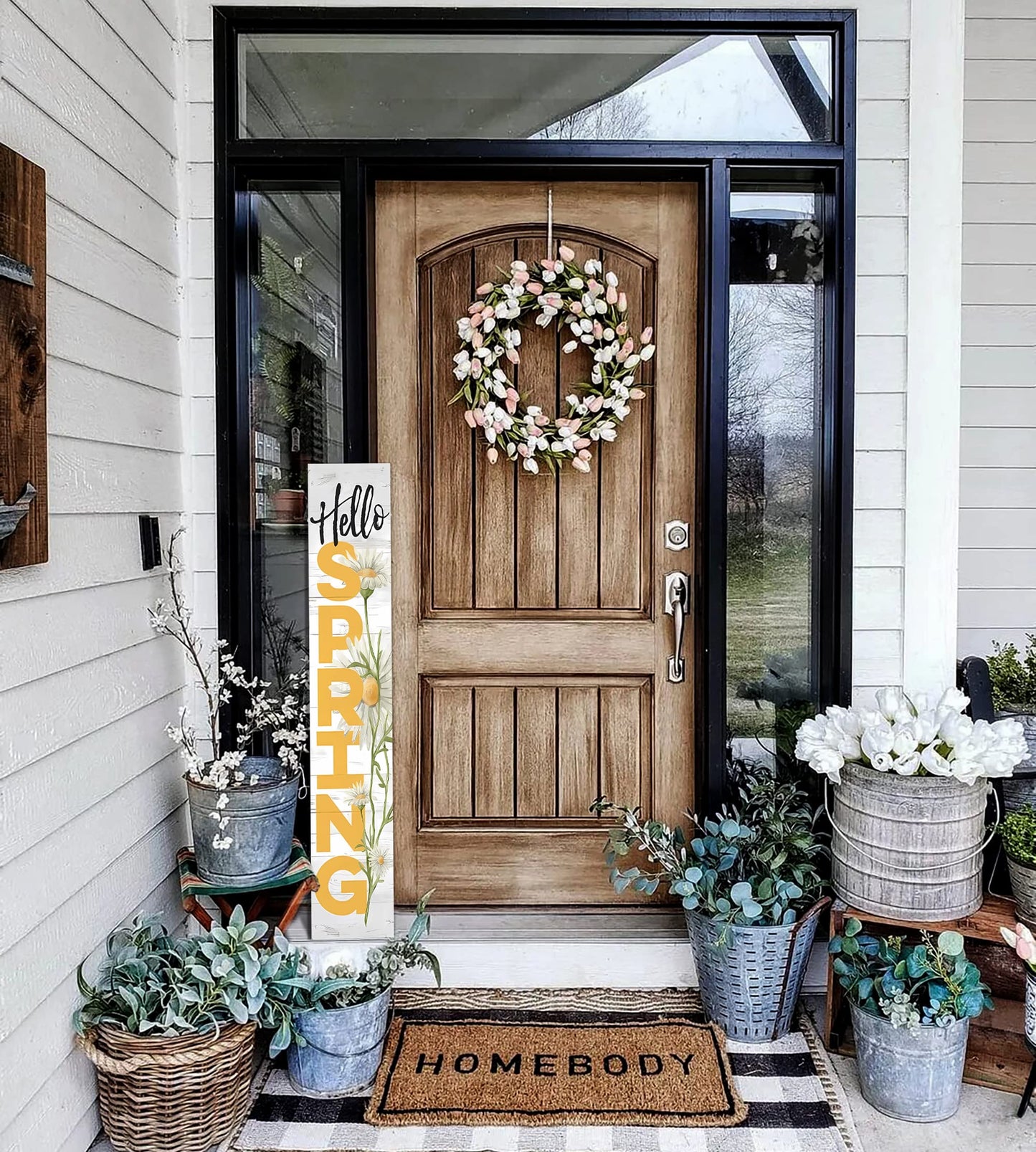 Hello Spring Wooden Porch Sign 47" Spring Large Welcome Porch Sign for Home Front Door Yard Season Decor
