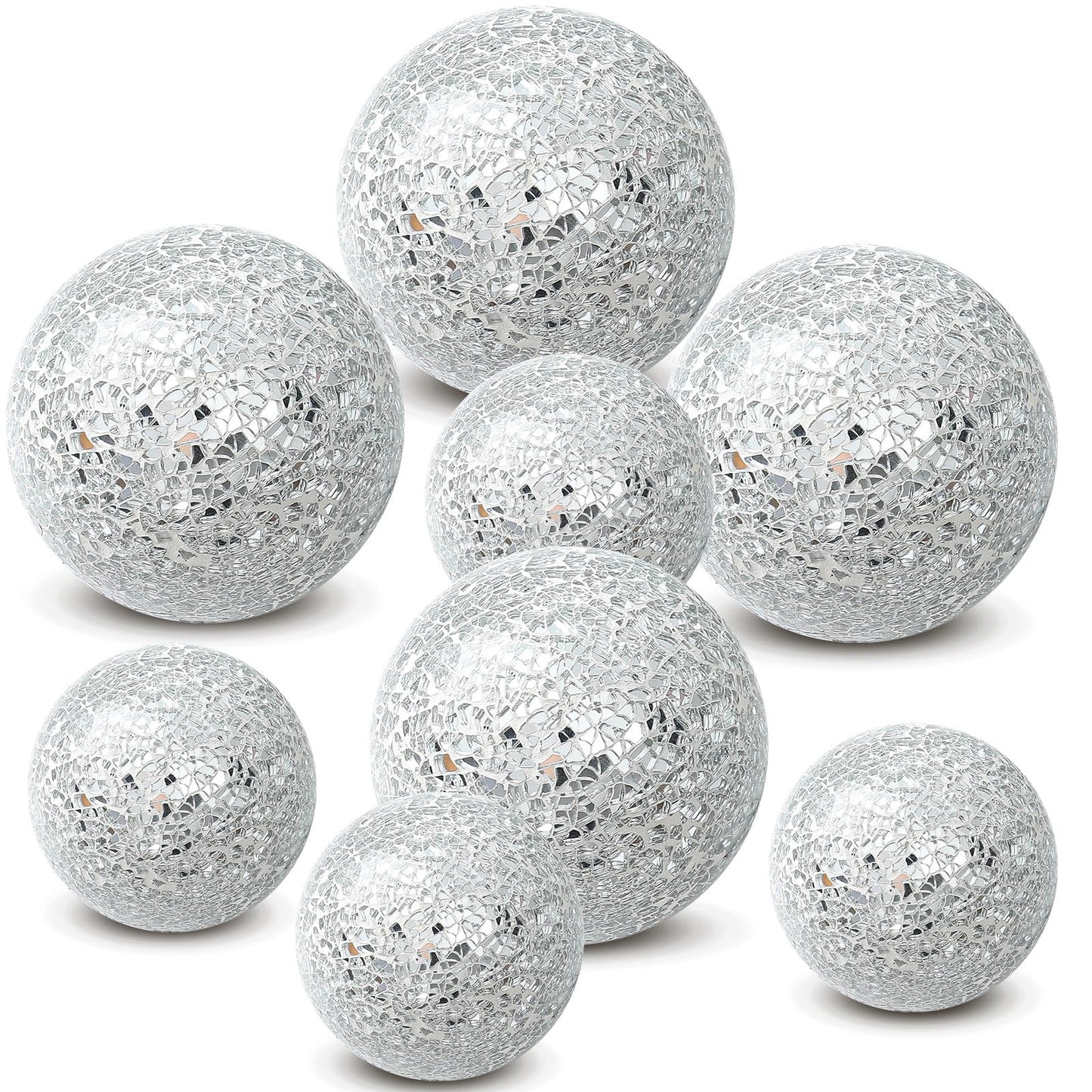 Qinyoung Silver 8 Pcs Decorative Ball for Bowls, 3'' 4'' Glass Mosaic Sphere Decorative Orbs for Centerpiece Bowls Vase Fillers, Wedding, Party, Coffee Table & Home Decor