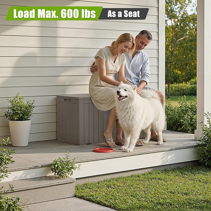 Flamaker Resin Deck Box 100 Gallon Large Lockable Outdoor Storage Box Waterproof for Patio Cushions, Tools, Pool Accessories (Light Brown)