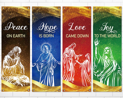 4Pcs Christmas Church Banners for Sanctuary Wall Love Hope Joy Peace Religious Banners Hanging Backdrop Gold Glitter Jesus Christian Banner with Scripture Bible Verse Banner for Holiday School Decor