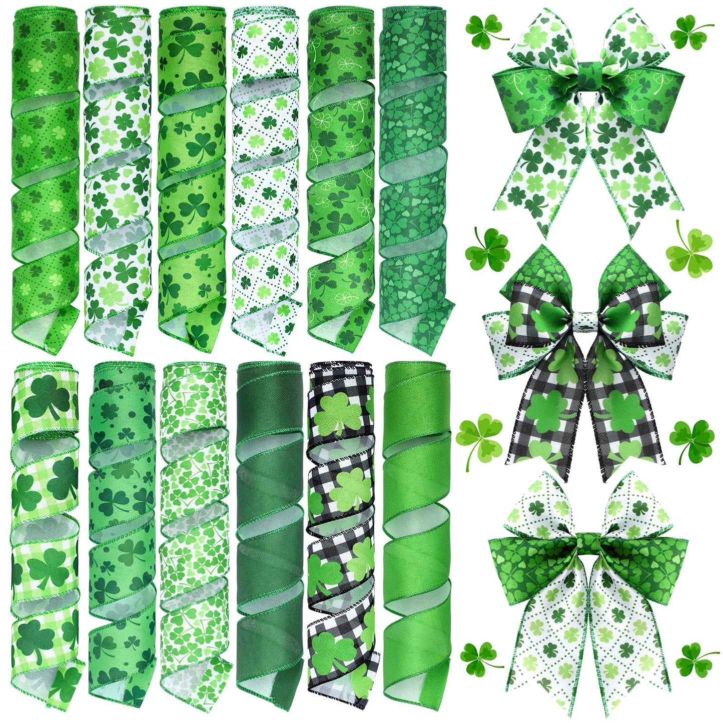 Chunful 12 Rolls St Patrick's Day Wired Edge Ribbon for Wreaths 2 Inch x 60 Yards St Patrick's Day Shamrock Print Grosgrain Ribbon for Gift Wrapping Hair Bow Sewing Wreath Party Supplies 12 Styles