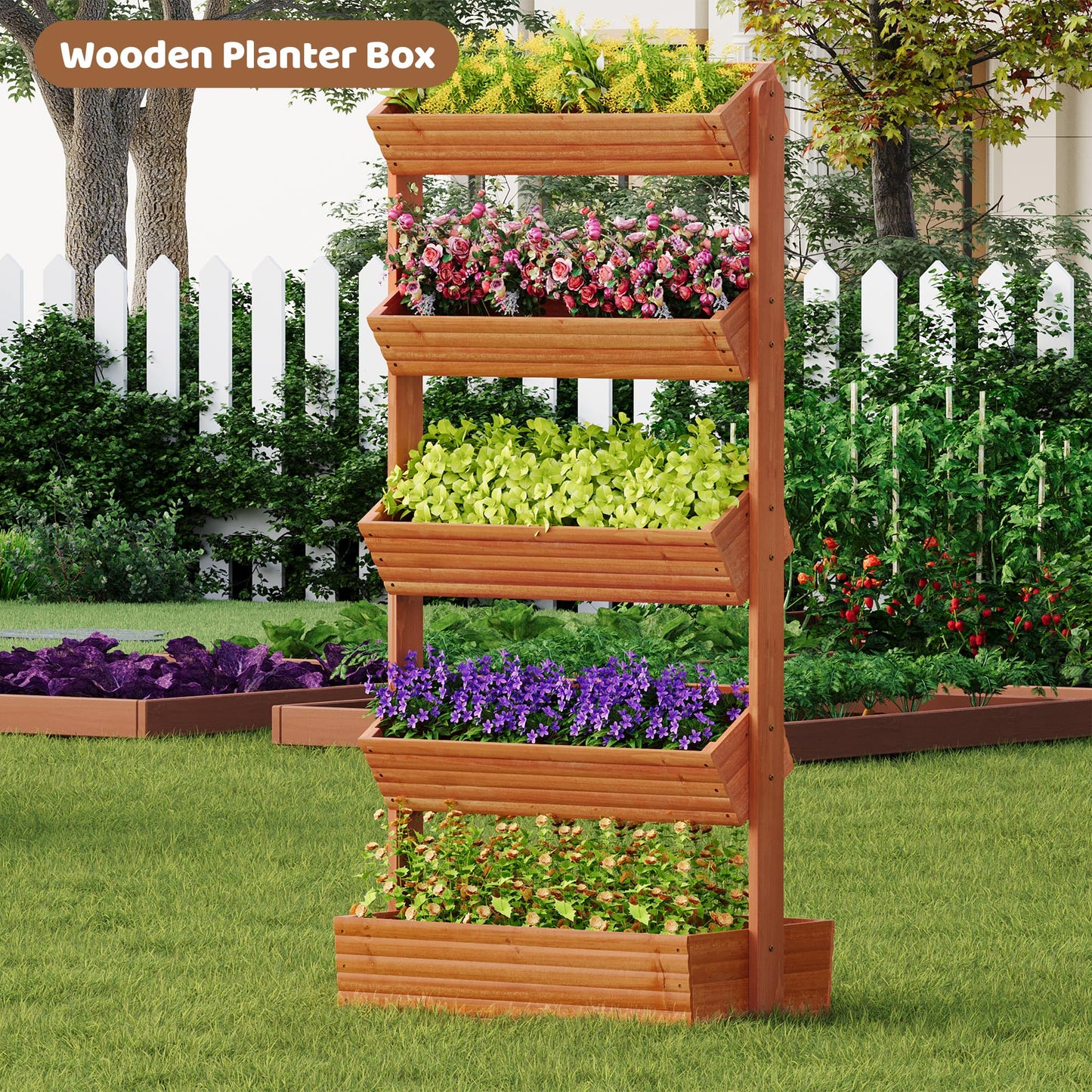 FILWH Wooden Raised Garden Bed Vertical Planter Box, Freestanding Plant Stand for Indoor Outdoor Plants, Herbs, Flowers, Vegetables, Gardening (Reddish Brown, 5-Tier，29.9 x 17.9 x 68in)