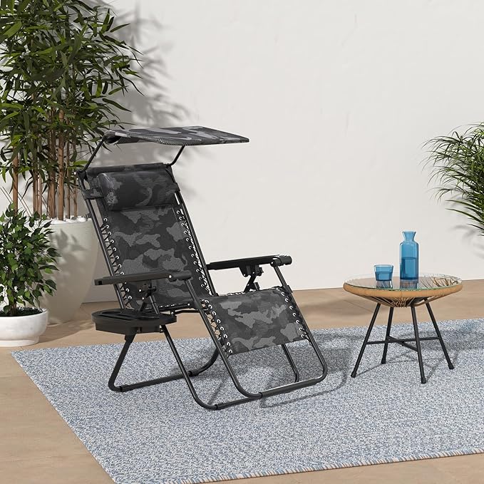 Best Choice Products Folding Zero Gravity Outdoor Recliner Patio Lounge Chair w/Adjustable Canopy Shade, Headrest, Side Accessory Tray, Textilene Mesh - Camouflage
