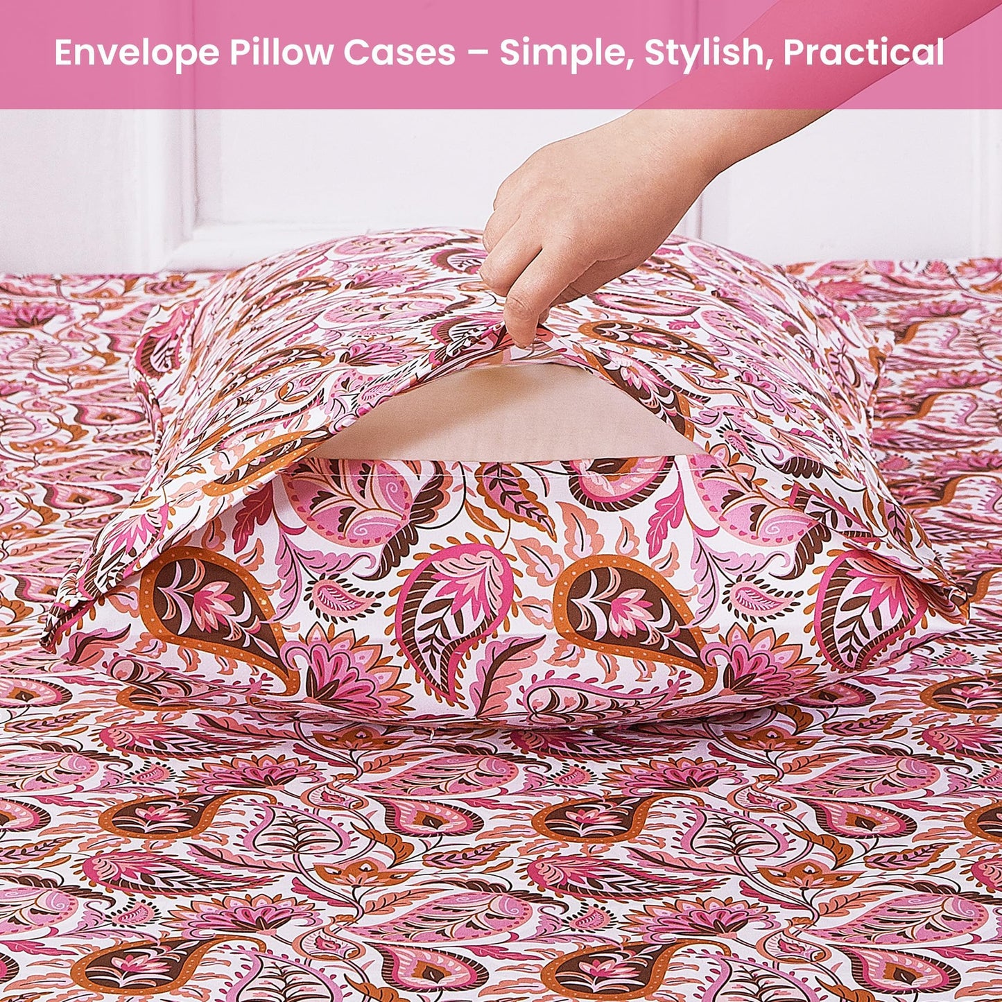 Softan Pink Paisley Floral Twin Sheet Set, 3-Piece Cozy Boho Microfiber Printed Fitted Bed Sheet with 15" Deep Pockets & Non-Slip Straps, Kids Girls Patterned Sheets & Pillowcase Set