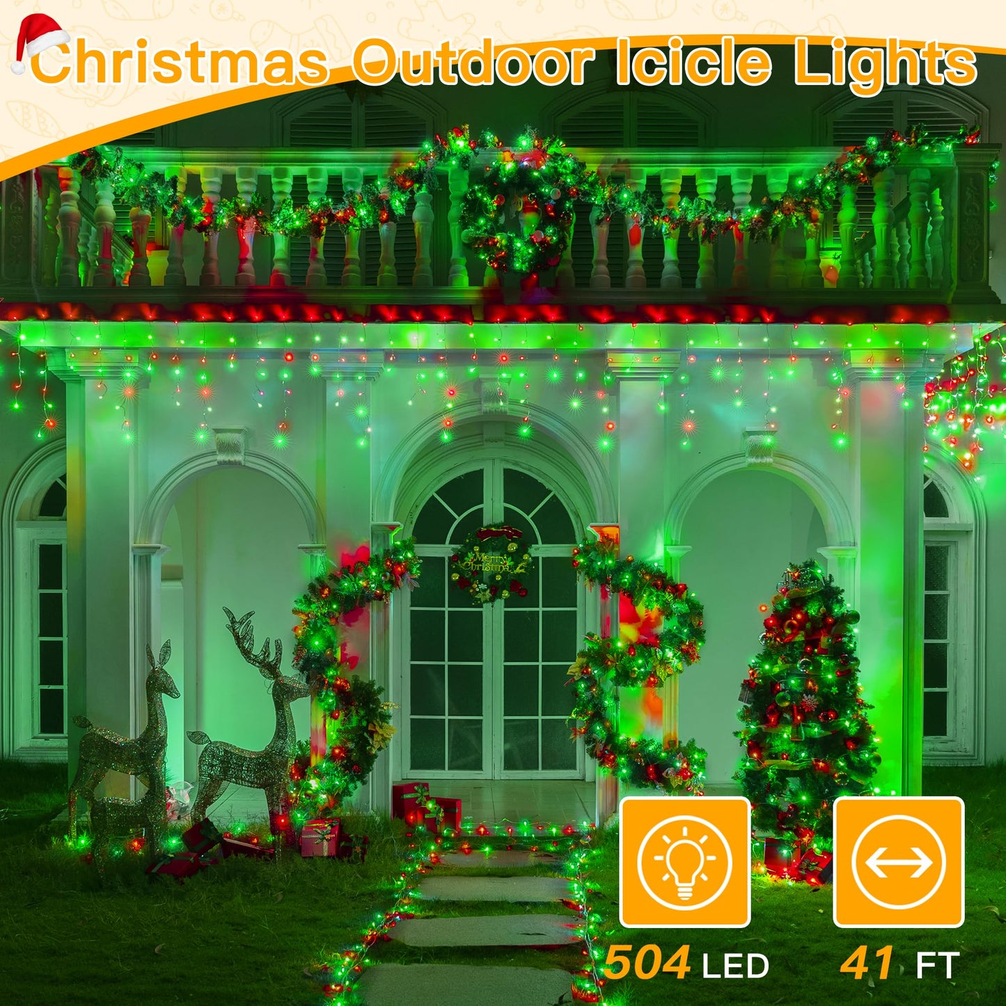 Ollny Icicle Lights for Outside 504LED 41FT, Red and Green Christmas Light with Remote 8Modes Timers Waterproof, Plug in Connectable Hanging Lights for Outdoor Indoor House Roof Holiday