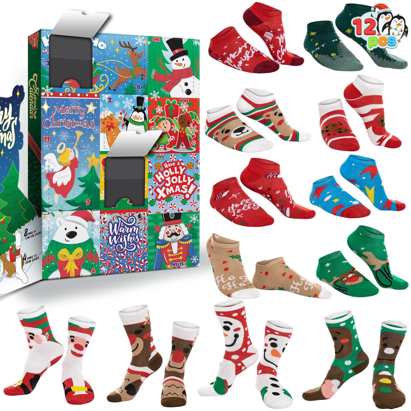 JOYIN 2025 Christmas Advent Calendar, 12 Days Christmas Warm Cotton Socks for Women Adults, Xmas Countdown Calendar with 8 Low Cut & 4 Knee High Socks, Xmas Party Favor Gifts