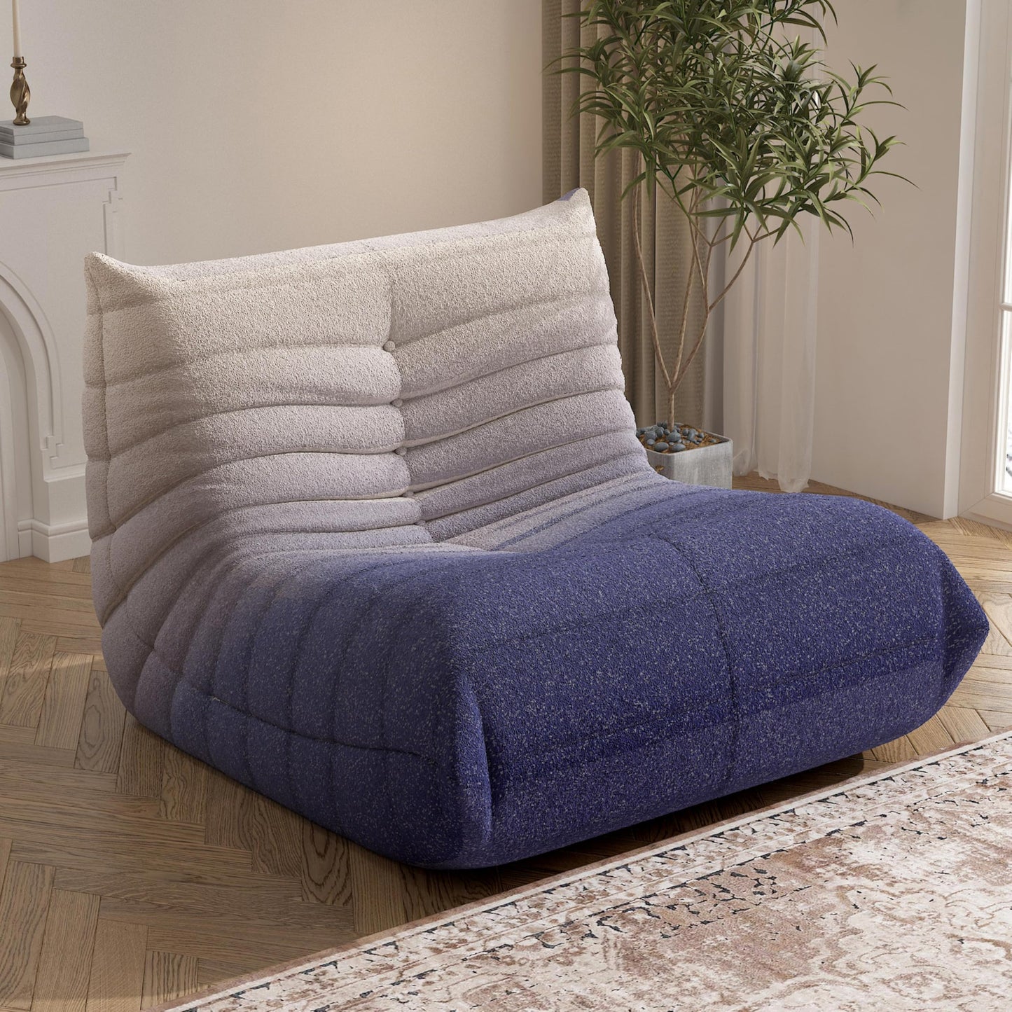 Bean Bag Chair, Fireside Chair Bean Bag Sofa Large Bean Bag Chair for Adults, Bean Bag Chairs for Teens with High Density Comfortable Foam, Memory Foam Bean Bag for Living Room, Bedroom (Blue&White)