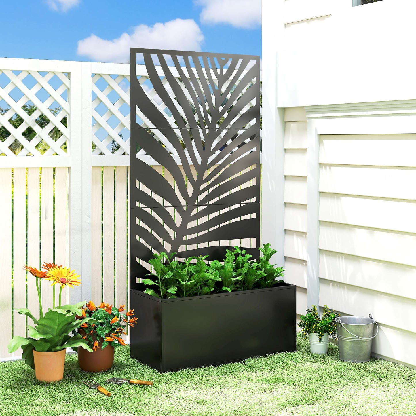 Outsunny Metal Planter Box with Trellis, 71" Tall Raised Garden Bed with Trellis Privacy Screen for Climbing Plants, Large Leaf Cut-Out Privacy Planter for Garden, Patio, Balcony