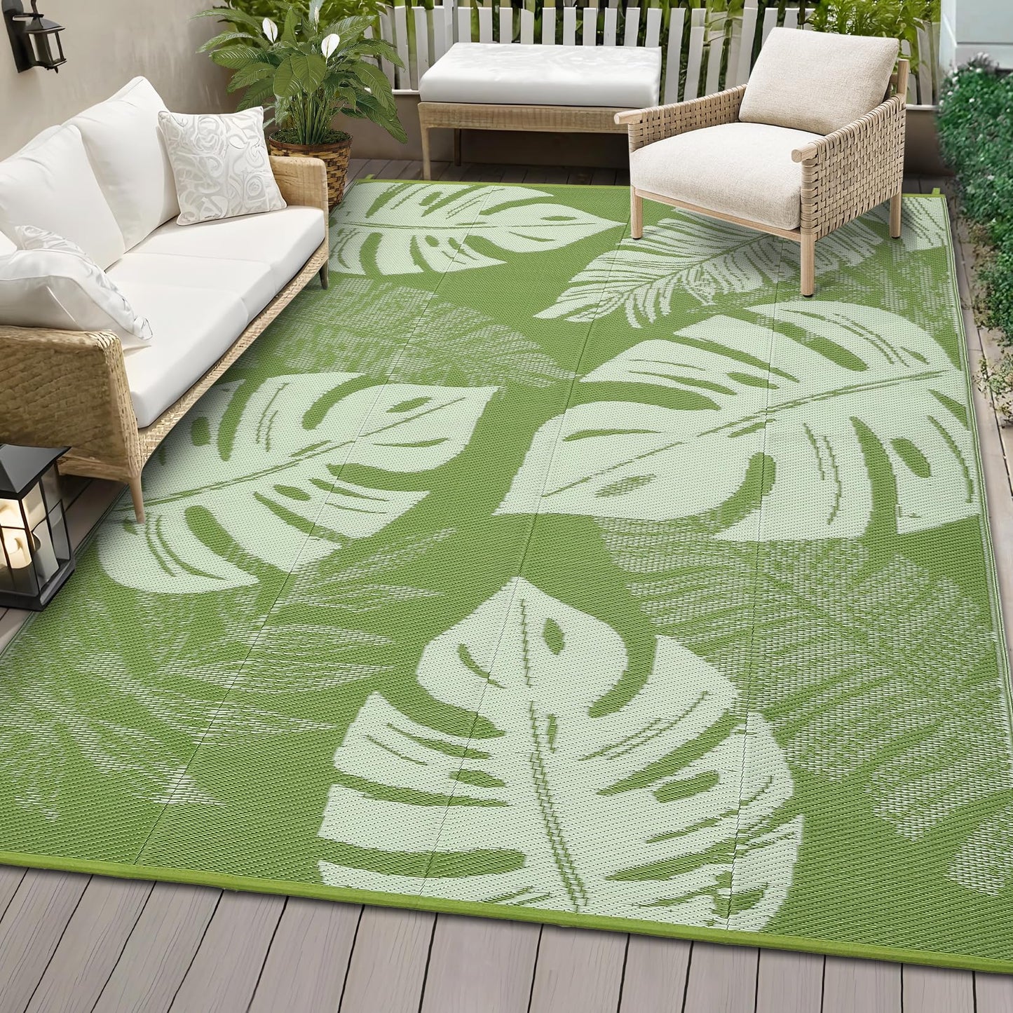 Garvee 9x18 Outdoor Rug Waterproof Reversible Mat Leaf Tropical Patio Rug with 4 Stakes and Starage Bag Portable Outdoor Straw Plastic Area Rug for Camping Porch Deck Rv Balcony Backyard Beach, Sage