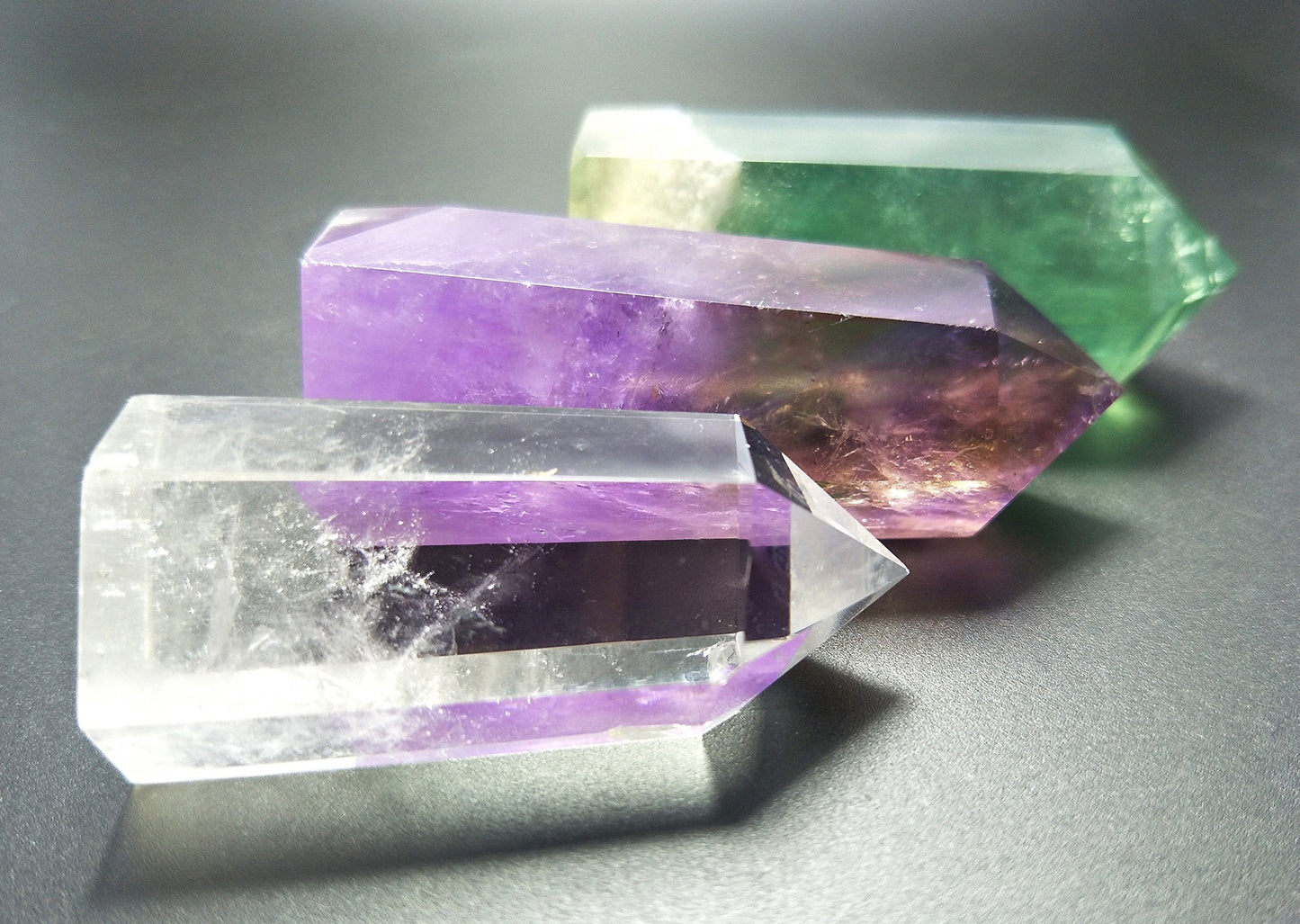 Set of 3 Healing Crystal Wands of 3 Stones: Clear Quartz, Fluorite, Amethyst Pointed & Faceted Prism Bars for Reiki Chakra Meditation Therapy Decor
