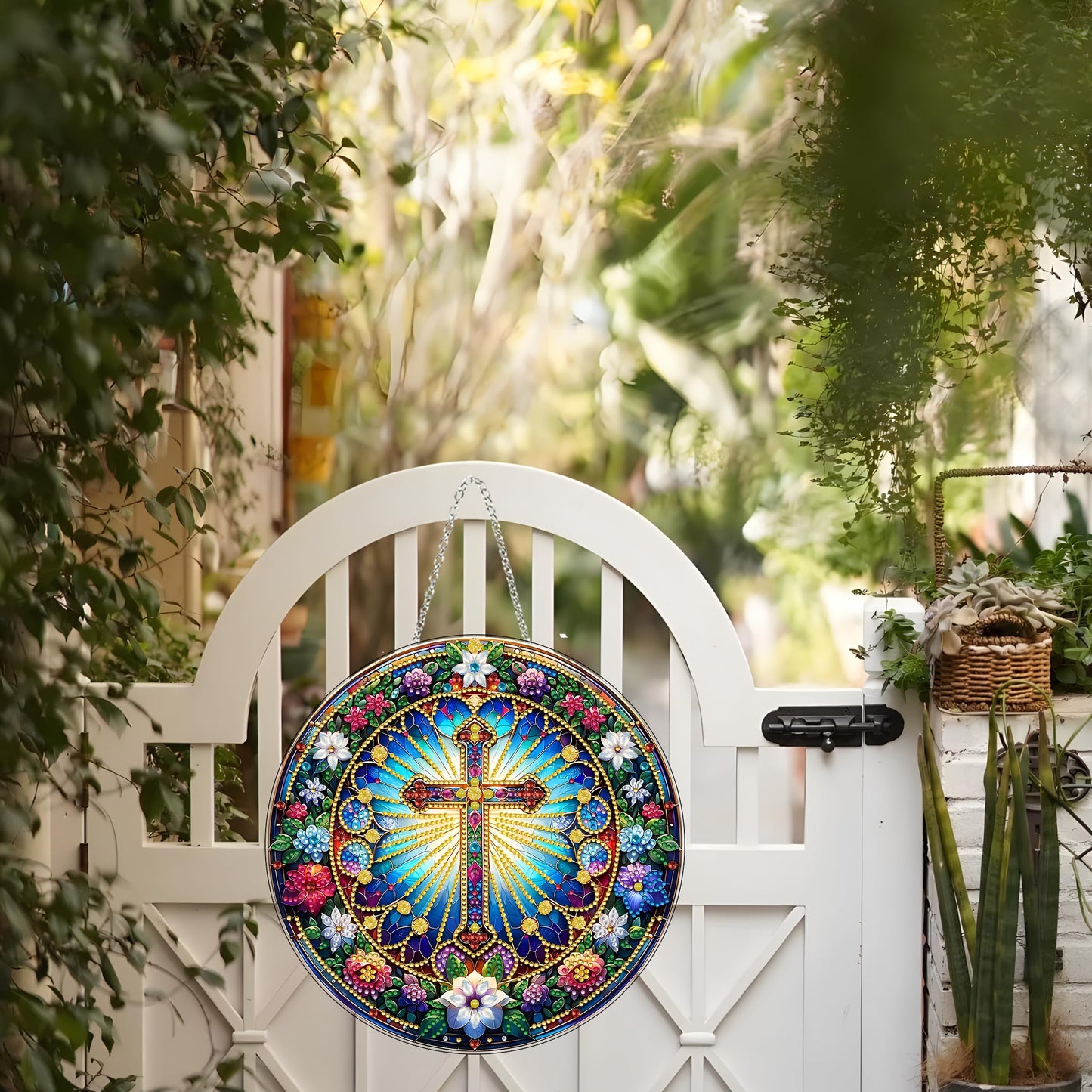 DIY Acrylic Diamond Art Painting Wreath Kits Special Shaped Rhinestone 5D Diamond Art Window Pendants Home Garden Wall Hanging Kits Hanging Ornament (Cross-2)