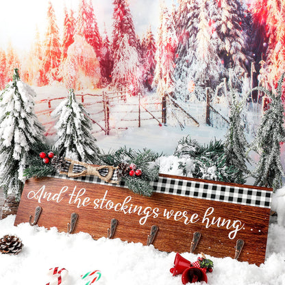 Christmas Stocking Holder with 6 Hangers The Stockings were Hung Wooden Sign Xmas Wall Hanging Sign Wall Mount Hook Holder Decorative Wood Stocking Hanger for Mantle(Retro Style)