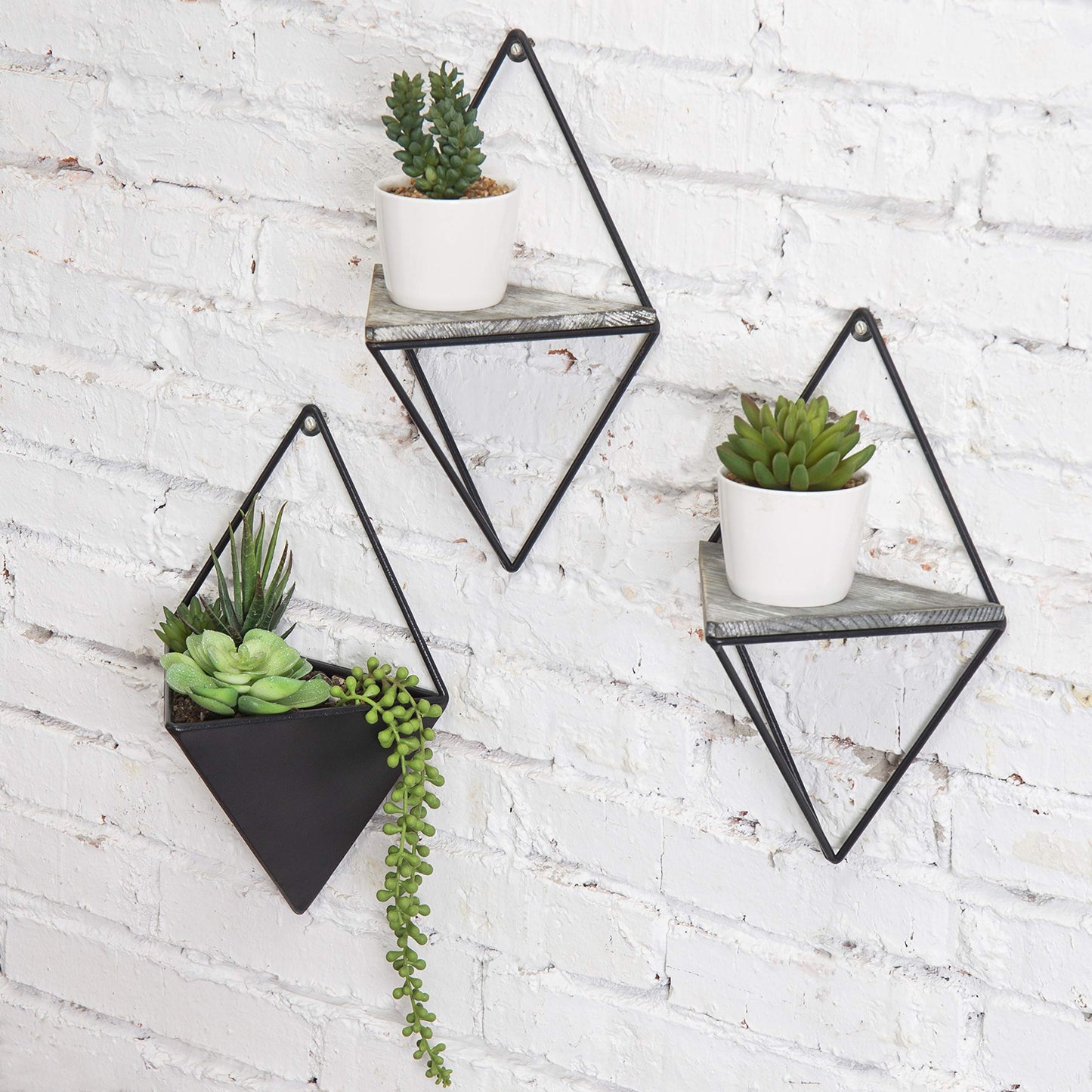 MyGift Indoor Wall Planter and Wooden Wall Display Shelves with Black Metal Frames Metal, 3-Piece Set