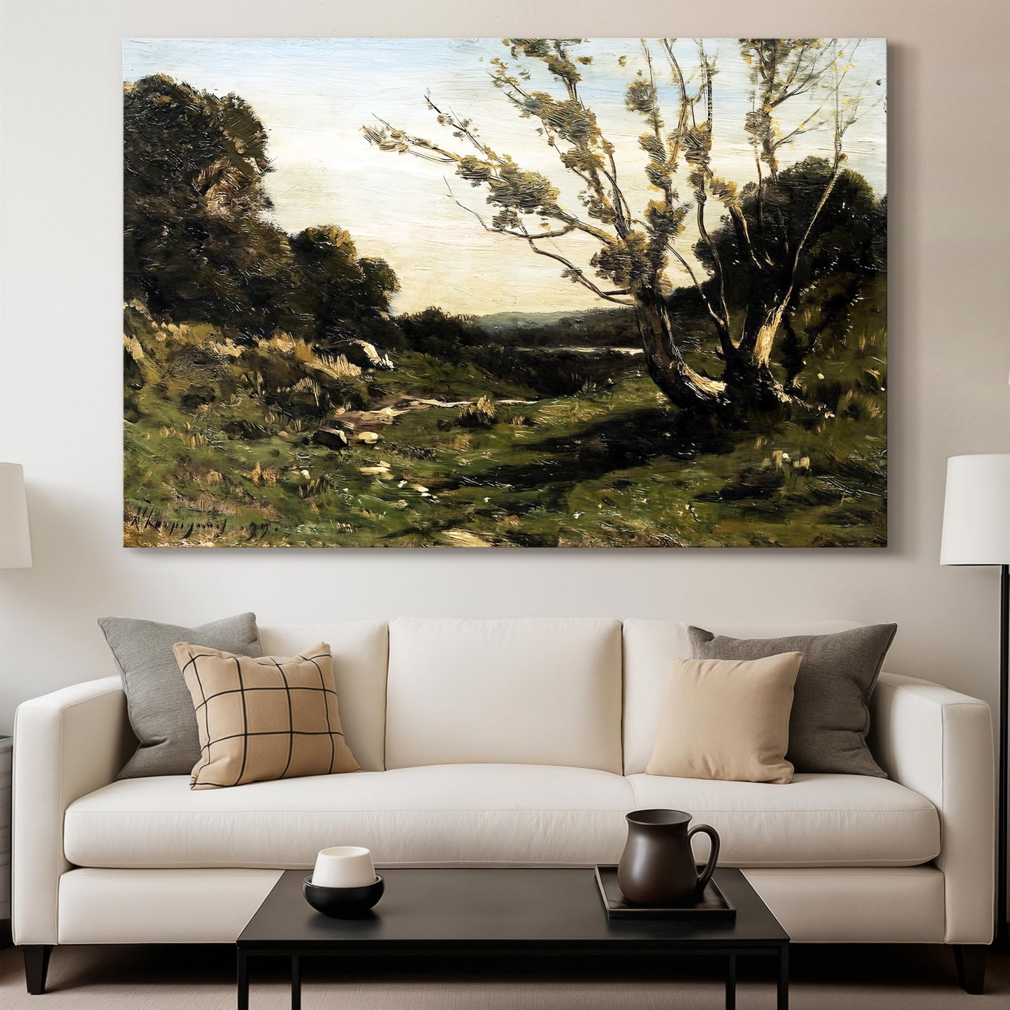 Renditions Gallery Wall Art For Home Decor Peaceful Morning in the Nievre by Henri Harpignies Canvas Wall Decorations for Kitchen Bedroom Lounge - 60" L x 40" W LT630