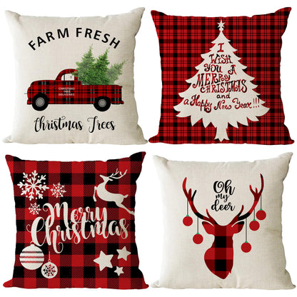 Set Of 4 Christmas Decorative Throw Pillow Covers Christmas Holiday Xmas Square Linen Cushion Covers Merry Christmas Trees Red Truck Snowflakes Deer Outdoor Couch Sofa Home Pillow Cases 18x18 Inch