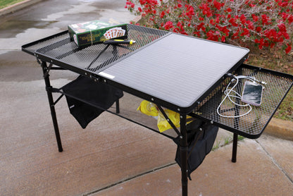 Nice C Camping Table, Ourdoor Folding Grill Table, Tailgate Tables, Solar Panel Tables with USB Type-C&DC Charging Cable, 42W Portable Solar Charger, 2 Side Shelves, with Mesh Net&Cup Holders