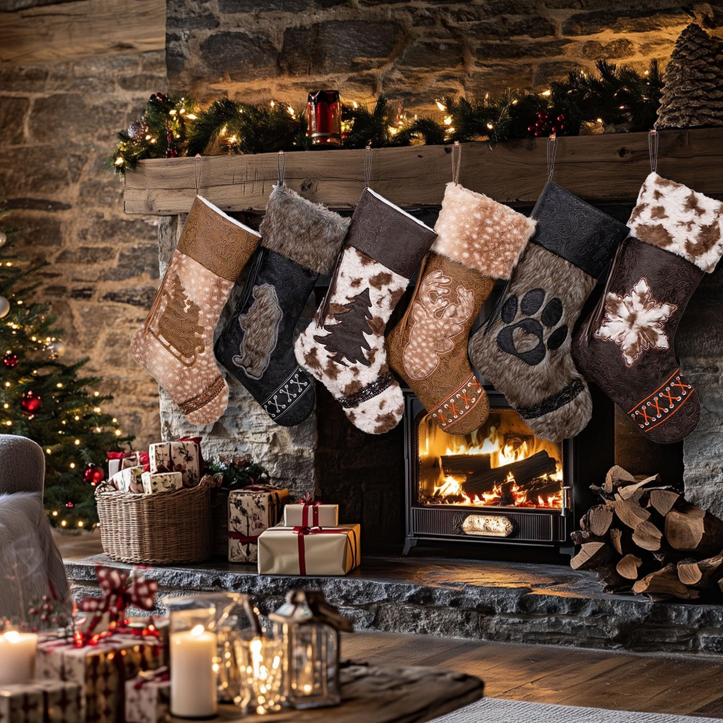 LUBOT 2025 Christmas Stockings Set of 6, Western Cowboy 20" Rustic Farmhouse Fireplace Hanging Décor Neutral Embossed Leather & Plush Faux Fur with Tassel Accents Large Family Xmas Stockings