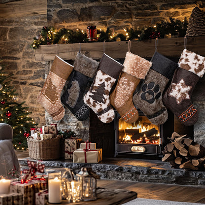 LUBOT 2025 Christmas Stockings Set of 6, Western Cowboy 20" Rustic Farmhouse Fireplace Hanging Décor Neutral Embossed Leather & Plush Faux Fur with Tassel Accents Large Family Xmas Stockings