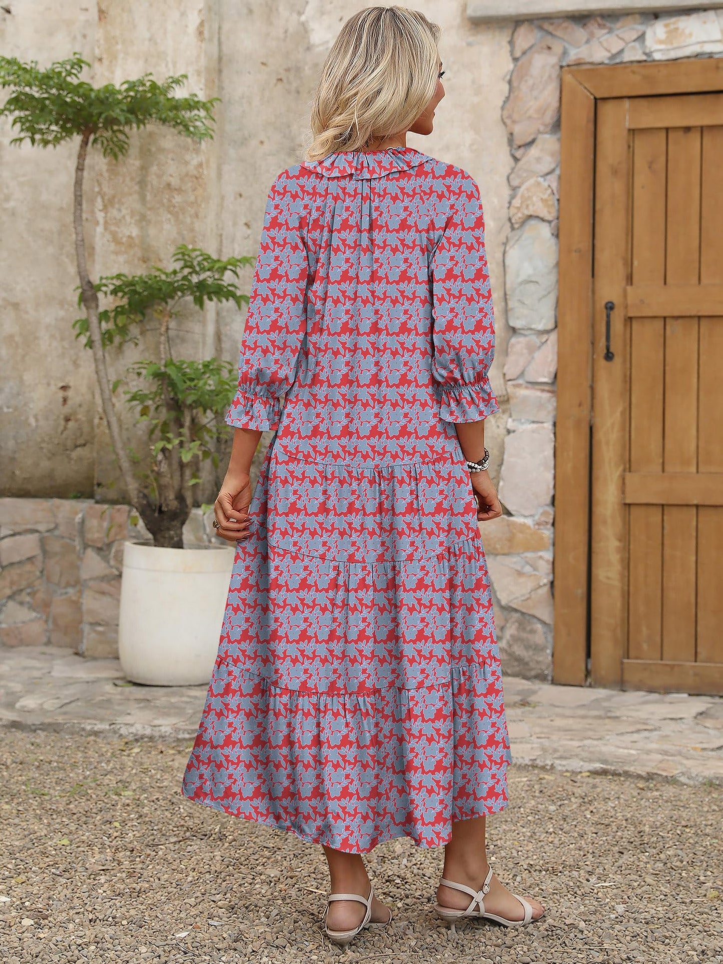 ANRABESS Women's Boho Maxi Dresses 2025 Summer Casual V Neck Puff Sleeve Floral Tiered Flowy Swing Beach Vacation Long Dress