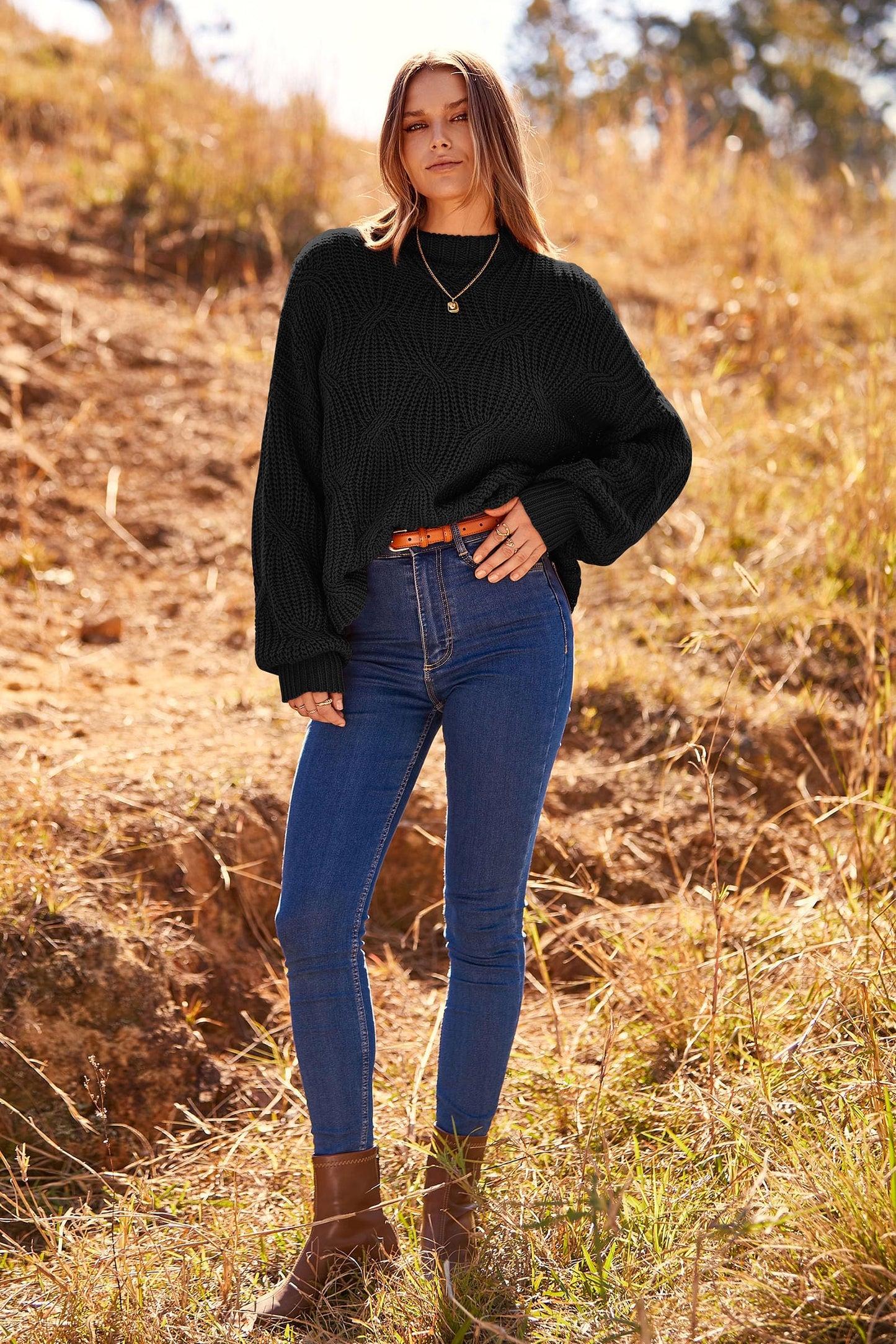 PRETTYGARDEN Women's Fall Oversized Pullover Sweaters Casual Crewneck Long Sleeve Chunky Cable Knit Tops Winter Clothing