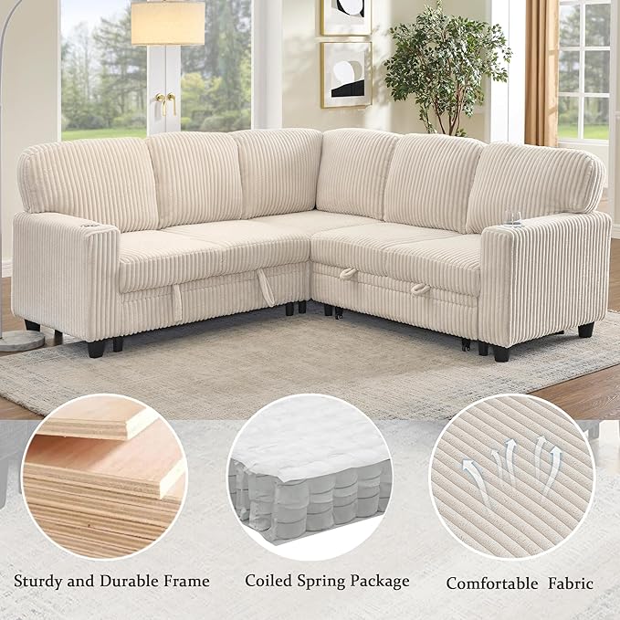 L-Shaped Sectional Couch with Storage and Pull Out Bed, Convertible Sofa Bed