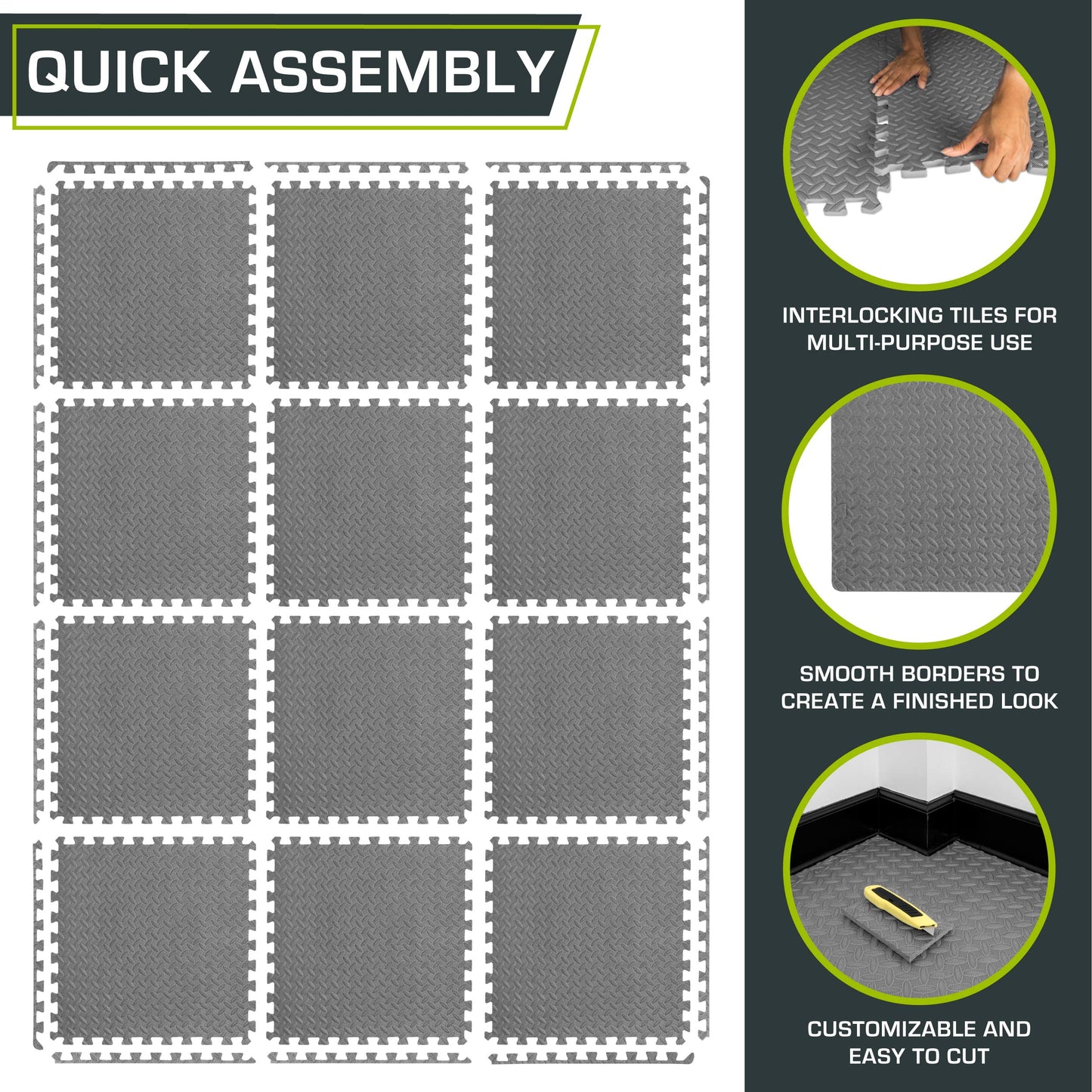 ProsourceFit Puzzle Exercise Mat ½ in, EVA Interlocking Foam Floor Tiles for Home Gym, Mat for Home Workout Equipment, Floor Padding for Kids, Black, 24 in x 24 in x ½ in, 24 Sq Ft - 6 Tiles