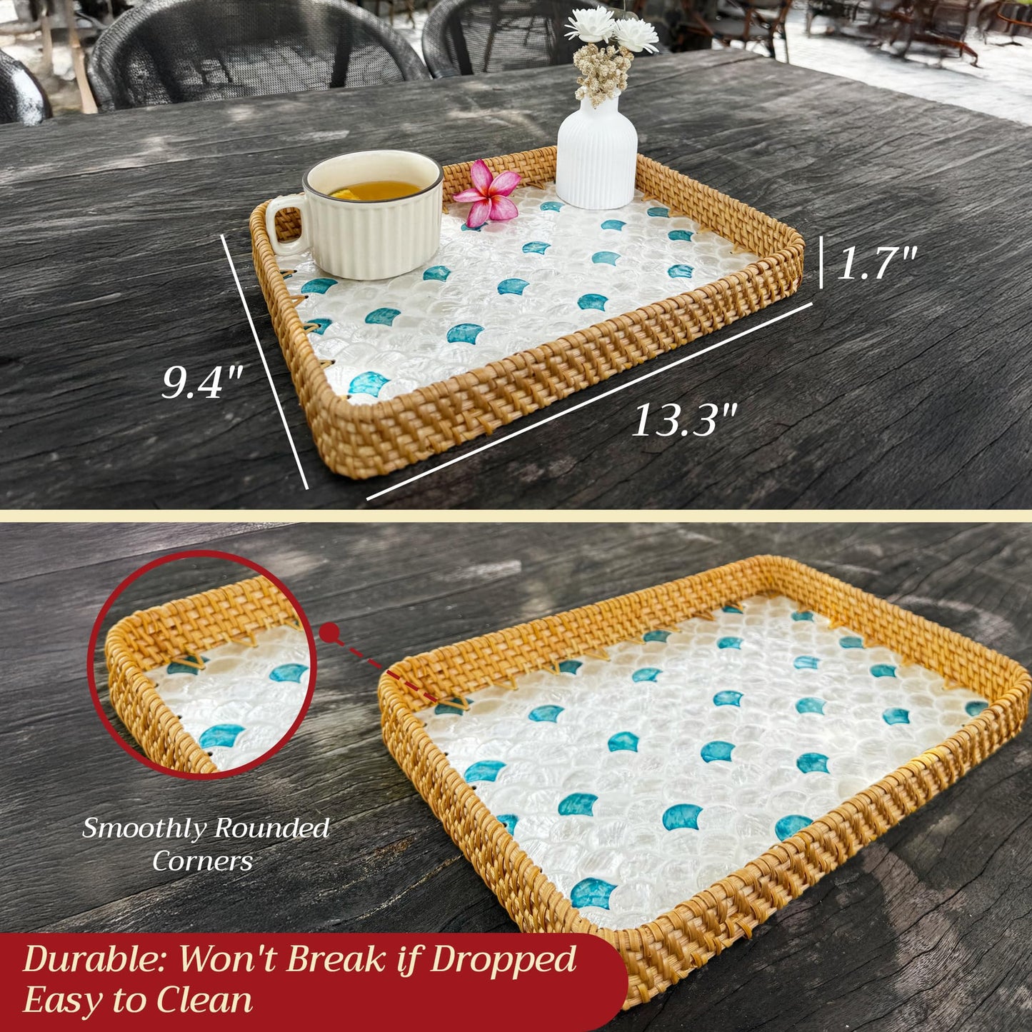 Rattan Tray Rectangle with Mother of Pearl – Unique Decorative Rattan Serving Tray for Food, Bread, Fruits, Snacks & Organizing Bathroom, Coffee Table – Christmas & Housewarming Gift (Fin 13.3"x9.4")
