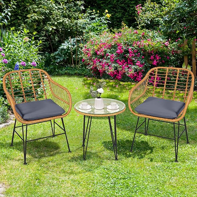 Tangkula 3 Pieces Patio Bistro Set, Rattan Conversation Set