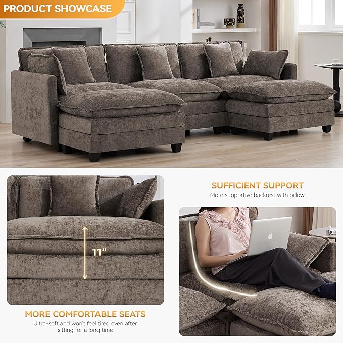 111'' Sectional Cloud Deep Seat Couch, Oversized Chenille U Shaped Sectional