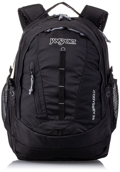 JanSport Odyssey Laptop Backpack for 15” Computer or 3L Hydration System, Black - Large Bag Adults with Tuck-Away Hip Belt, 2 Main Compartments - Premium College Essentials