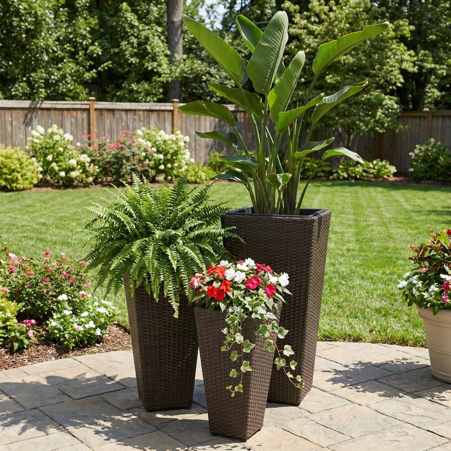 Sunnydaze Square Tall Wicker Outdoor Planter Set of 3 - Polyrattan Large Outdoor Planters for Porch, Patio or Garden - 9", 11.5", 14.75" Tall Plant Pots - Brown