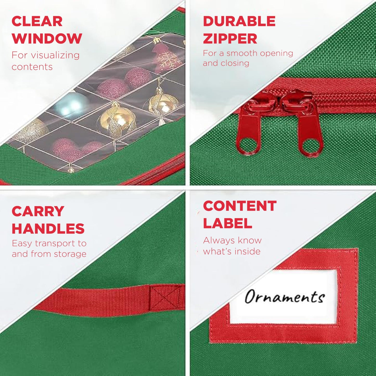 HOLDN’ STORAGE Christmas Ornament Storage Box with Dividers - Fits 48-3” Ornaments, 2 Removable Trays, Durable & Space-Saving, Clear Top Lid, Fits Underbed, Green