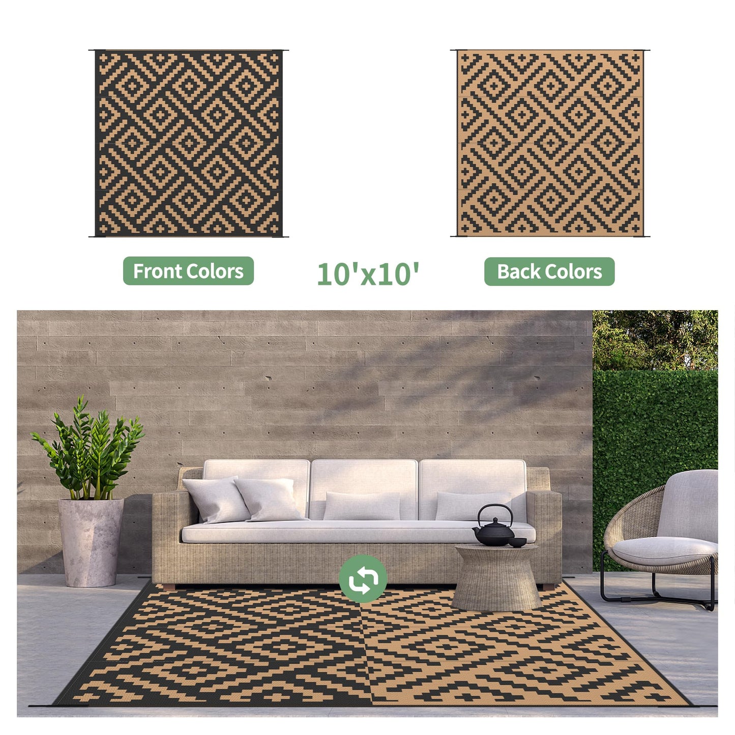 GENIMO Outdoor Rug Waterproof, 10' x 10' Reversible Plastic Straw Rugs, Lightweight Large RV Camping Mat for Patio, Deck, Camper, Balcony, Backyard, Picnic, Black & Brown