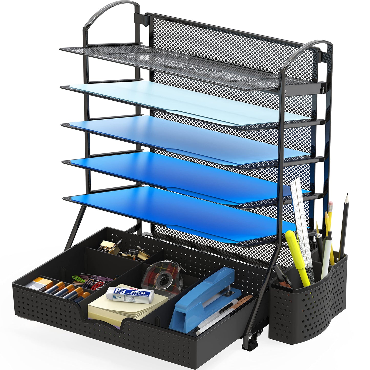 Simple Houseware 6-Tier Desk Document File Tray Organizer with Supplies Sliding Drawer, Black