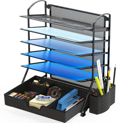 Simple Houseware 6-Tier Desk Document File Tray Organizer with Supplies Sliding Drawer, Black