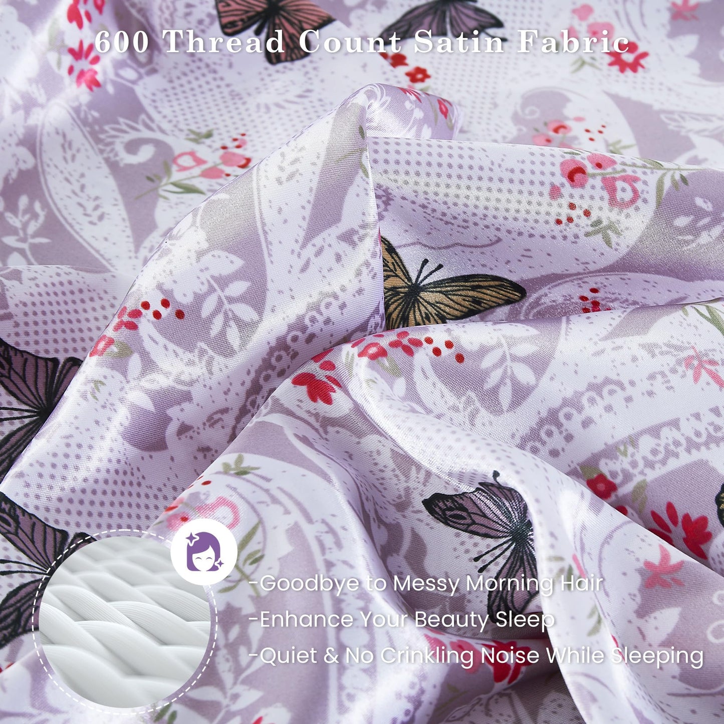 lasoftan Paisley Floral Satin Sheets King, Silky Butterfly Printed Fitted Bed Sheet with 15" Deep Pocket & Non-Slip Straps, Luxury Hotel Satin Summer Cooling Sheets & Pillowcase Set, Purple