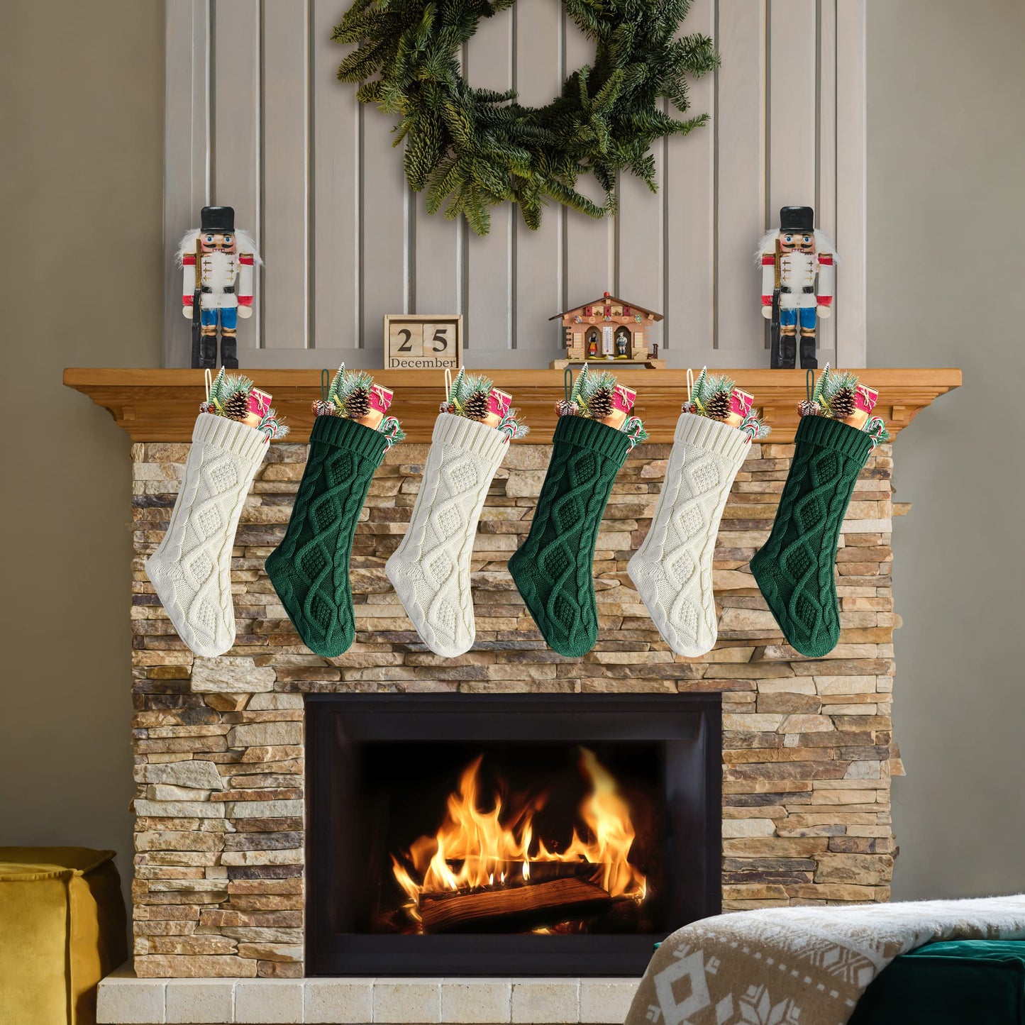 Kunyida 18" Green and Ivory Knit Christmas Stockings for Fireplace Holiday Decor,6 Pack