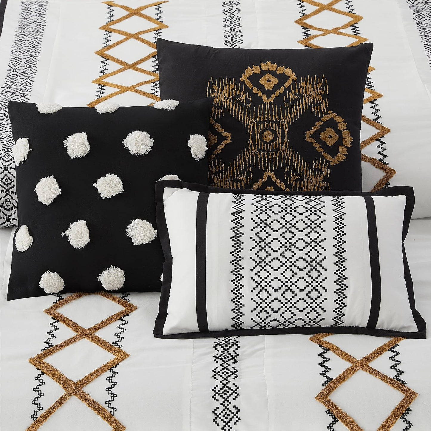 LANCO MODERN LIFESTYLE Black Gold Queen Comforter Set, 7 Pieces All Season Bedding Sets in a Bag with Geometric Terry Embroidered Comforter, Bed Skirt, Pillow Shams and Decorative Pillows