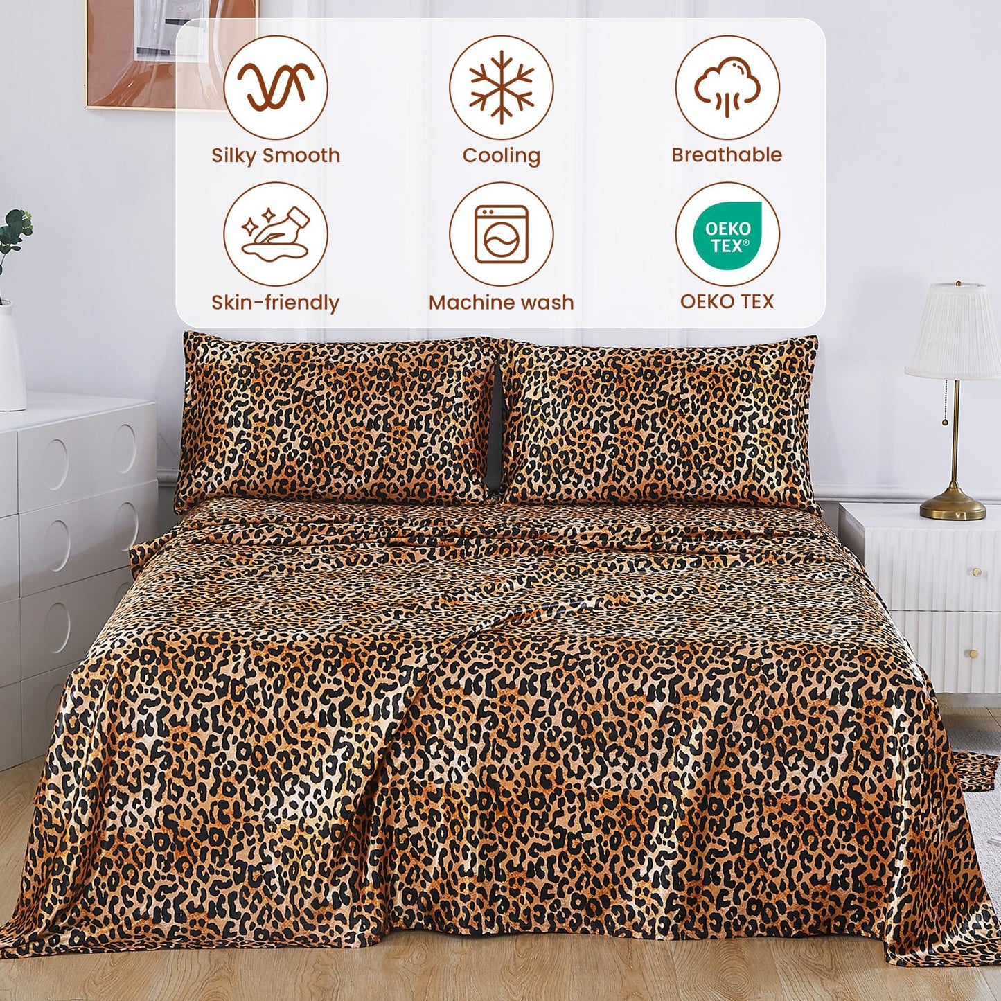 lasoftan Leopard Print Satin Sheets King, Silky Animal Printed Fitted Bed Sheet with 15" Deep Pocket & Non-Slip Straps, Luxury Hotel Satin Summer Cooling Sheets & Pillowcase Set, Yellow