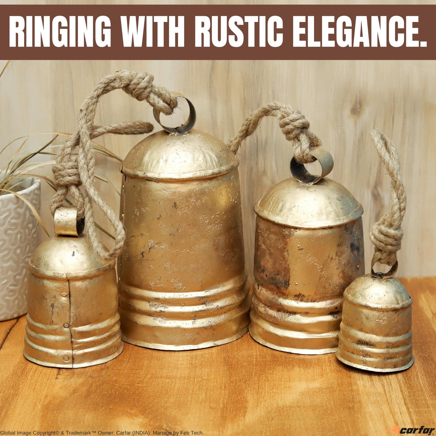 Set of 4 Rustic Metal Christmas Bells Large Hanging Brass-Gold Cowbells with Jute Rope | Farmhouse Wall, Porch & Holiday Decor