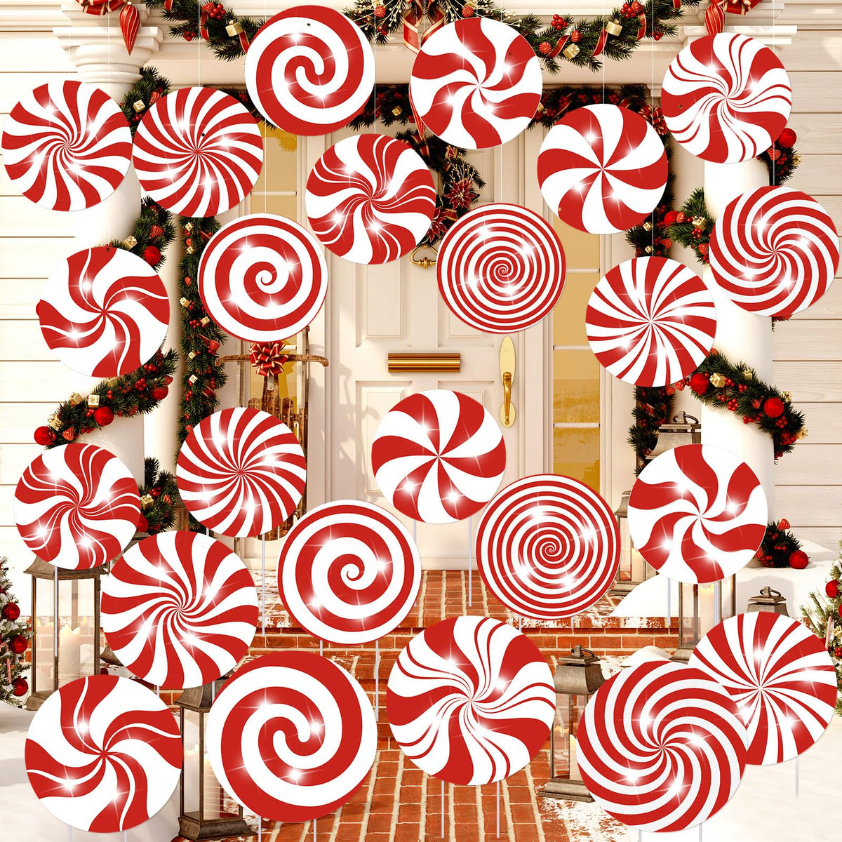 Huwena 24 Pcs Christmas Outdoor Decorations Hanging Ornaments Peppermint Candy Yard Signs Double Sided Lawn Decorations Peppermint Ornaments for Xmas(Classic Style)