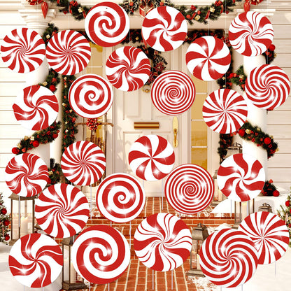 Huwena 24 Pcs Christmas Outdoor Decorations Hanging Ornaments Peppermint Candy Yard Signs Double Sided Lawn Decorations Peppermint Ornaments for Xmas(Classic Style)