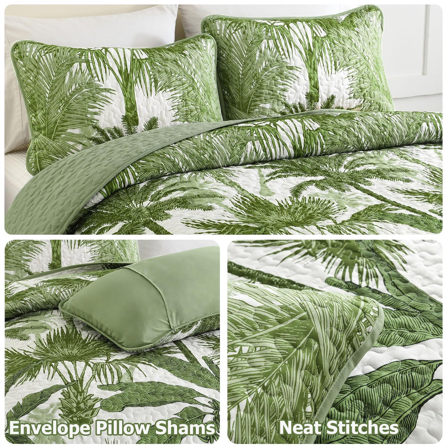 Luxudecor Tropical Plants Quilt Set King Size 3 Pieces Green Palm Botanical Bedspread Rainforest Style Bedding Set Soft Lightweight Bed Cover All Season 104"x90"