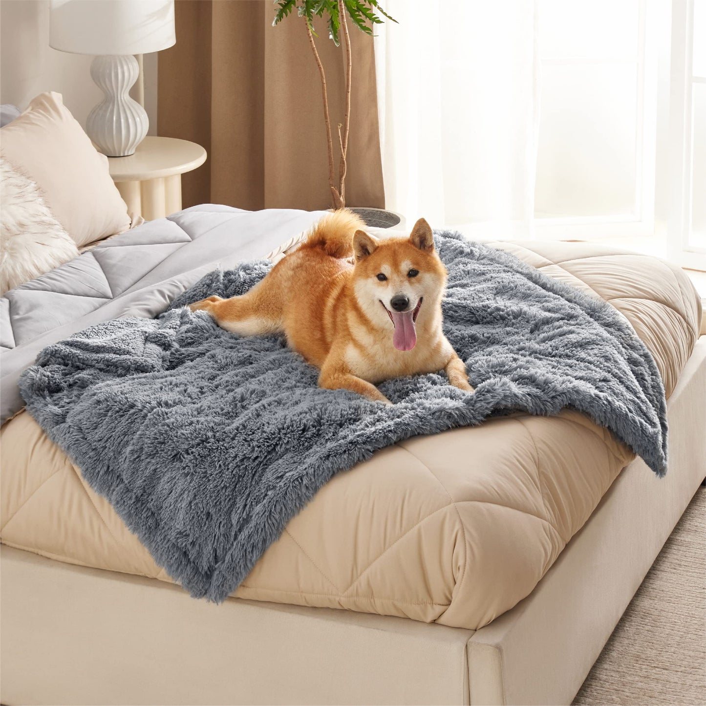 Bedsure Waterproof Dog Blankets Large - 100x120cm Dog Blankets Large Washable for Dogs, Fluffy Pet Throw Blanket for Sofa Bed Protector, Grey