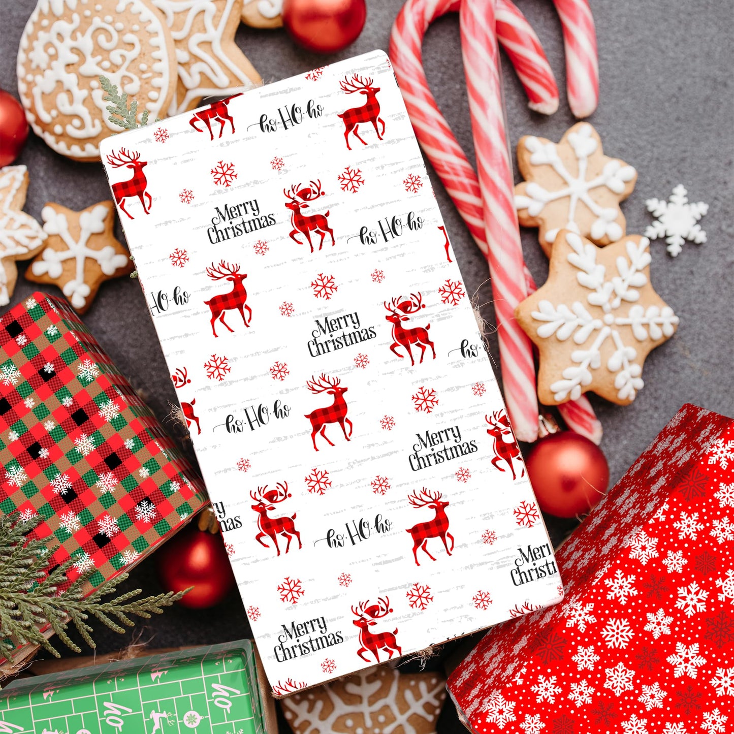 MotiGiftie Christmas Wrapping Paper for Kids Adults - Xmas Wrapping Paper with Red/Green Plaid, Reindeer, Snowflakes, “Ho Ho” Xmas Trees - 20 x 28 Inches, 8 Folded Sheets, Easy to Store