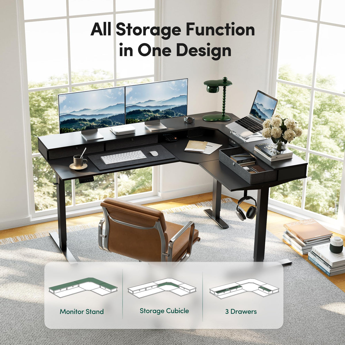 CubiCubi L Shaped Standing Desk with Drawers 63 x 48 Inch Adjustable Height, Electric Corner Desk with Storage, Sit Stand Home Office Desk with Splice Board, Black