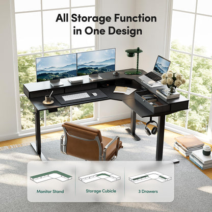 CubiCubi L Shaped Standing Desk with Drawers 63 x 48 Inch Adjustable Height, Electric Corner Desk with Storage, Sit Stand Home Office Desk with Splice Board, Black