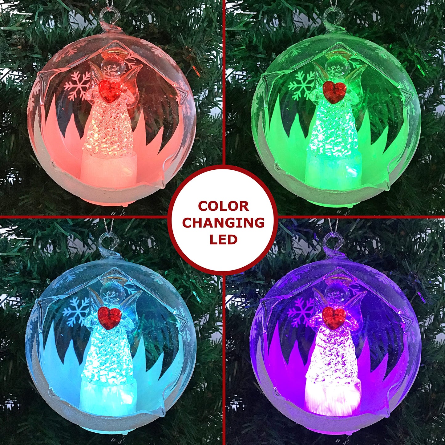 Angel with Red Heart Lighted Christmas Ball Ornaments - Hand Painted Glittery Snowflakes - Color Changing - 4 Hour Timer - 4" Diameter
