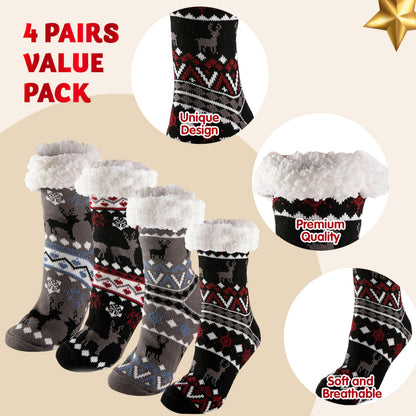 JOYIN 4 PCS Christmas Fuzzy Socks for Men, Soft Crew Socks Deer Patterns for Winter Christmas, Holiday or Birthday Gift