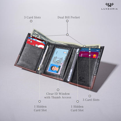 LUXEORIA Leather Wallet for Men, Handcrafted Travel Wallet, Minimalist Mens Slim Trifold Wallet, Anti-Theft RFID Blocking Wallet for Men's, Tri-fold - Black&Brown